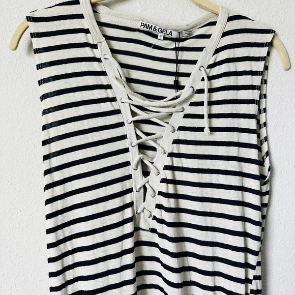 Pam & Gela Blue and Cream Lace Up Drop Waist Dress - Picture 4 of 5